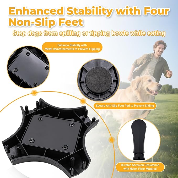Elevated Slow Feeder Dog Bowl Adjustable Stand,Tilted ABS Base,Fits 5.5-9.5" Bowls, Anti-Spill & Non-Slip, Heavy Duty for Med/Large Dogs(with Stainless Steel Bowls 1 Pack)