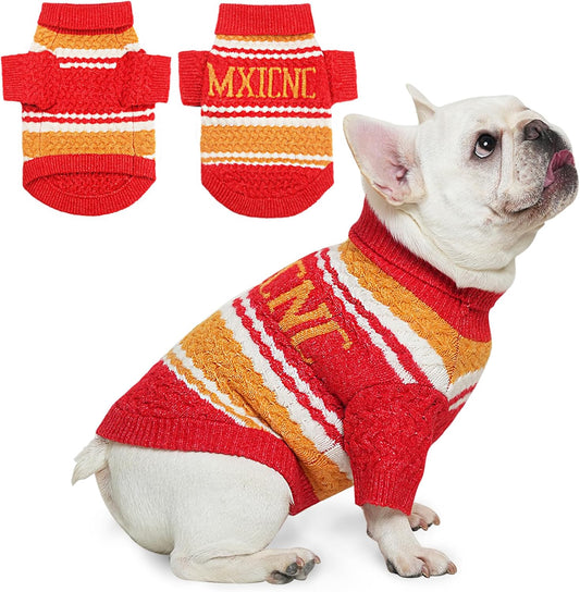 Dog Sweater for Small Medium Dogs & Cats, Classic Turtleneck Knitted Striped Pet Sweater, Warm Winter Soft Christmas Outfit for Boy & Girl Dogs, Small