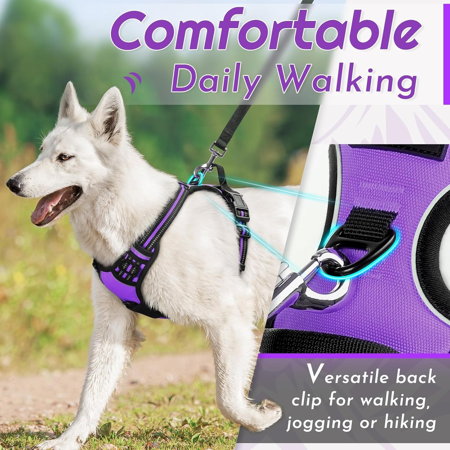 Eagloo Dog Harness for Large Dogs, No Pull Service Vest with Reflective Strips and Control Handle, Adjustable and Comfortable for Walking, No Choke Pet Harness with 2 Metal Rings, Purple, XL