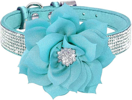 Rhinestone Dog Collar, Cute Dazzling Sparkling Soft Suede Leather Adjustable Pet Dog Cat Collar Crystal Diamond for Puppy Small Medium Large Dogs (L:38-46cm, Blue-6)