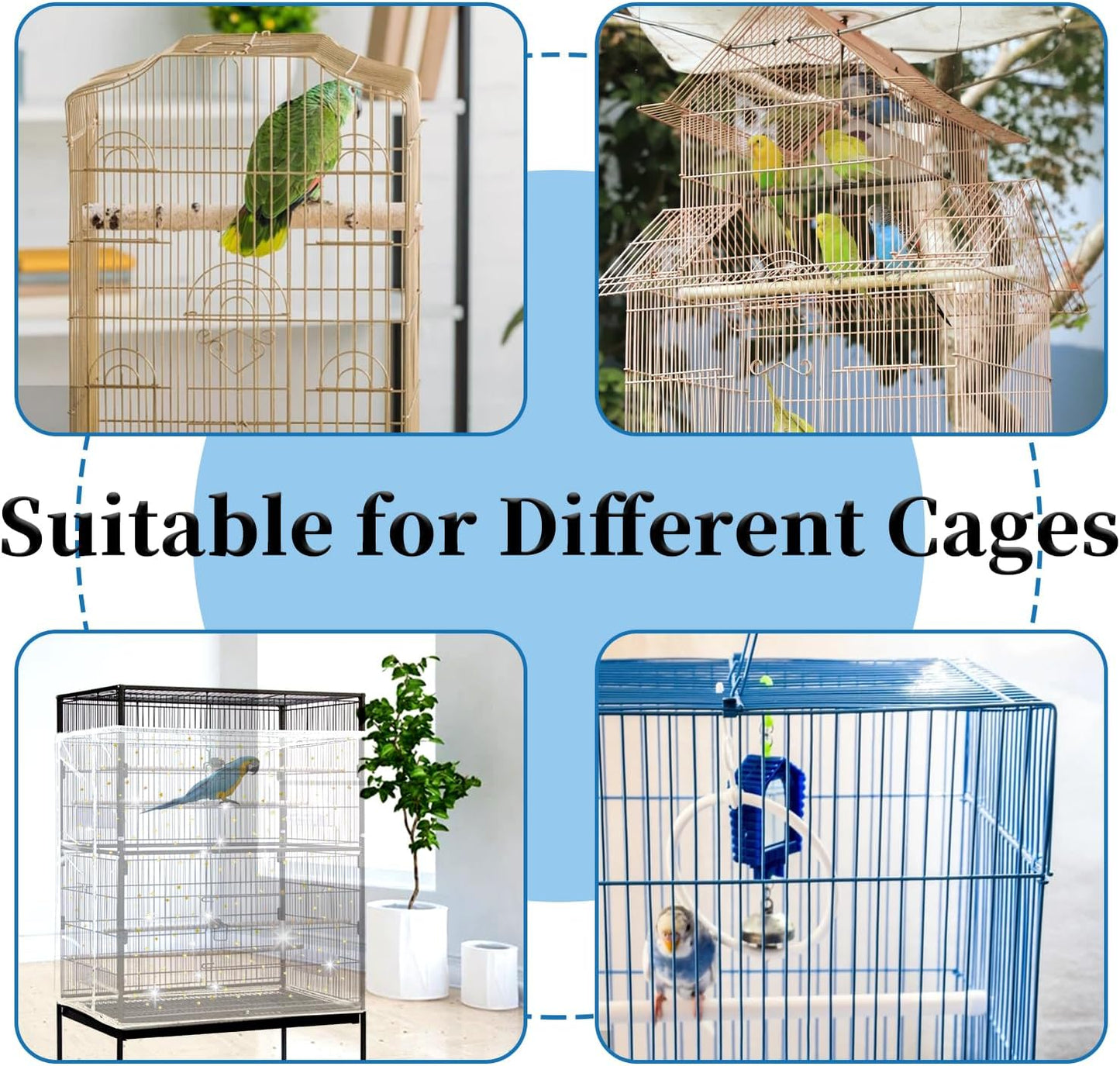 Daoeny Bird Cage Seed Catcher, Large Bird Cage Cover, Adjustable Soft Airy Nylon Mesh Net, Birdcage Cover Skirt Seed Guard for Parrot Parakeet Macaw African Round Square Cages (White, Sequins Star)