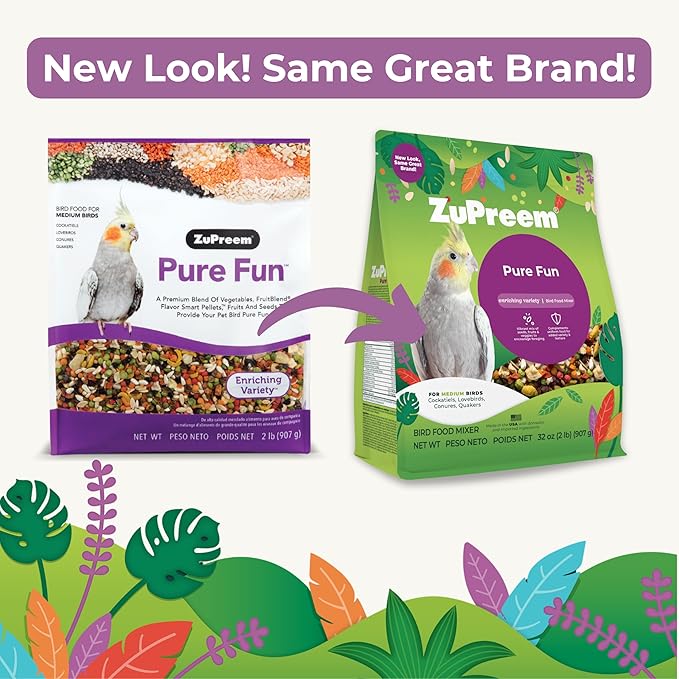 ZuPreem Pure Fun Bird Food, Cockatiel, Lovebird, Quaker, Small Conure, Lorikeet, Seed and Pellet Blend for Medium Birds, Food Mixer Topper, Enriching Variety, Made in USA (M, 2 lbs)