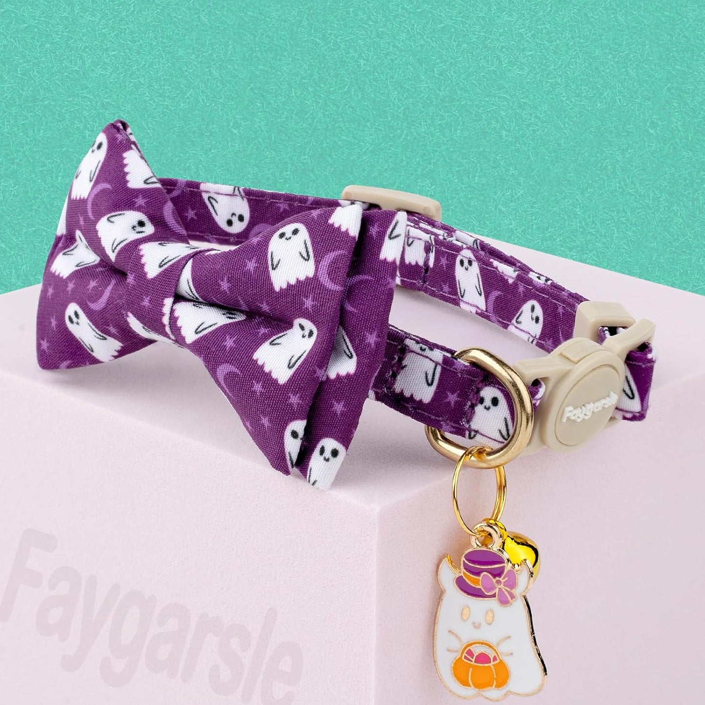 Faygarsle 2 Pack Halloween Ghost Pattern Cat Collar with Bow Tie and Bell, Breakaway Safety Buckle, Pink and Purple