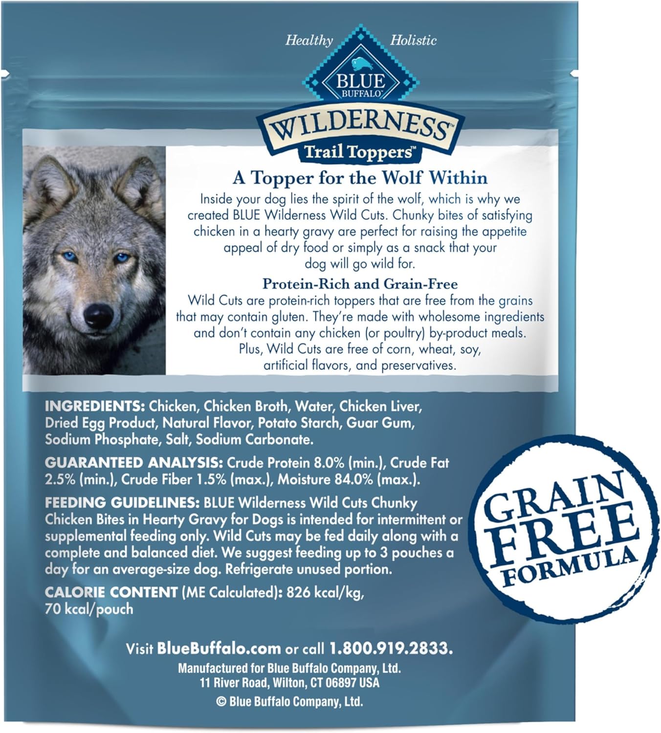 Blue Buffalo Wilderness Trail Toppers Wild Cuts Natural High-Protein Dog Wet Food, Chicken Bites in Hearty Gravy, 3-oz Pouch, 24 Count