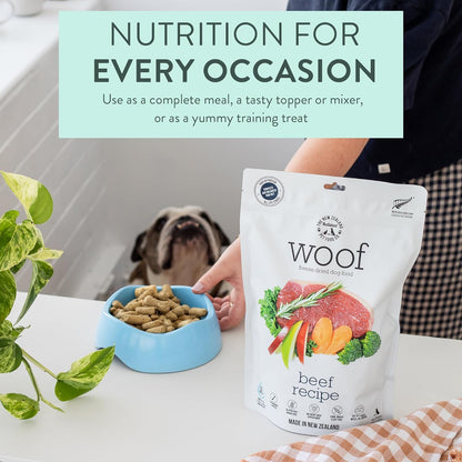 The New Zealand Natural Pet Food Co WOOF Freeze Dried Dog Food - Beef Recipe, High Protein, Use as a Complete Diet, Dog Food Topper, Mixer, or as Dog Treats, All Life Stages, 9.9 oz