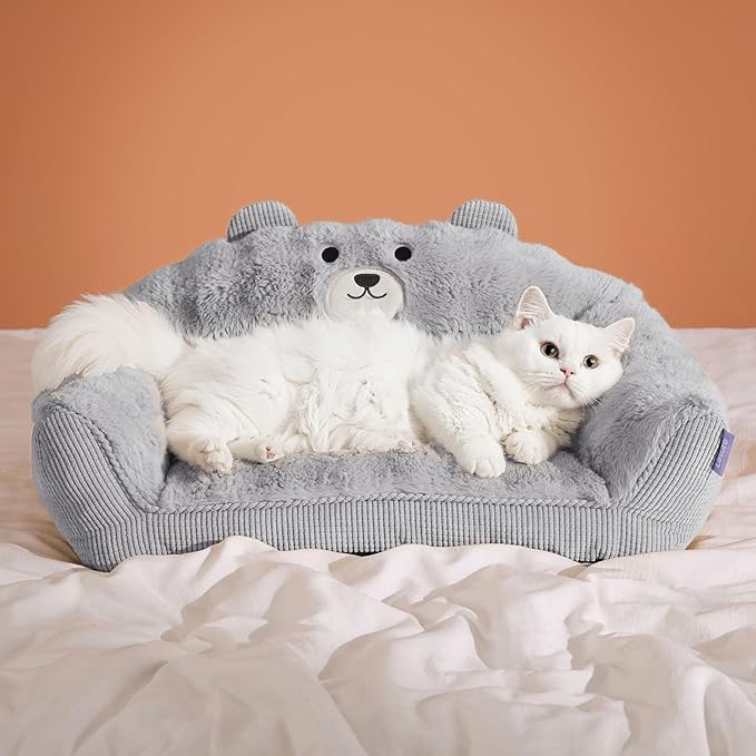 LE SURE Cute Cat Couch for Pets - Fluffy Original Bear Design Cat Beds for Indoor Cats, Fuzzy Cats Sofa with Removable Washable Cover, Supportive Pet Chair, 24inch, Pastel Grey