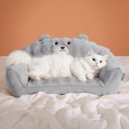 LE SURE Cute Cat Couch for Pets - Fluffy Original Bear Design Cat Beds for Indoor Cats, Fuzzy Cats Sofa with Removable Washable Cover, Supportive Pet Chair, 24inch, Pastel Grey