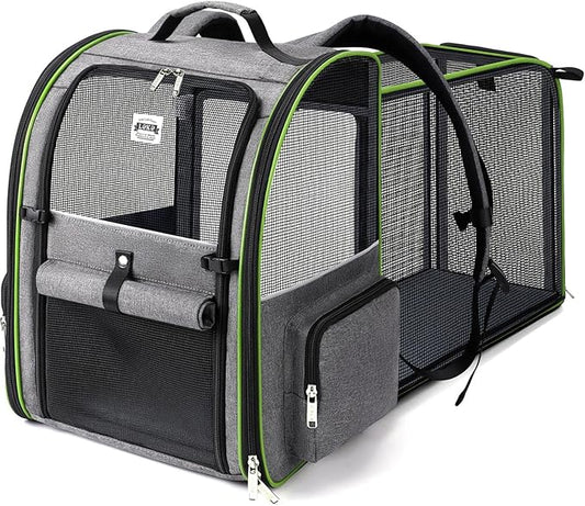 Lekebobor Large Cat Backpack Carrier Expandable Pet Carrier Backpack for Small Dogs Medium Cats Fit Up to 18 Lbs,Dogs Foldable Puppy Backpack Carrier for Travel, Hiking,Grey with Green Edge, XL