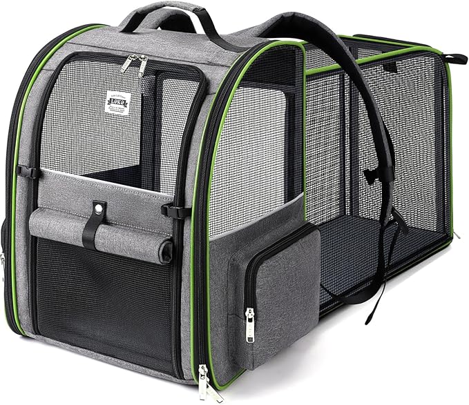 Lekebobor Large Cat Backpack Carrier Expandable Pet Carrier Backpack for Small Dogs Medium Cats Fit Up to 18 Lbs,Dogs Foldable Puppy Backpack Carrier for Travel, Hiking,Grey with Green Edge,L