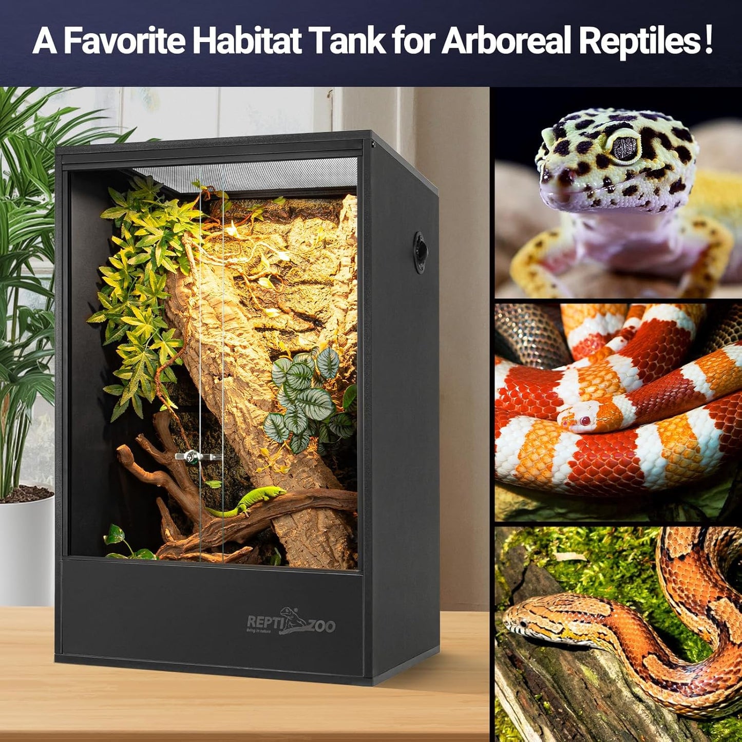 REPTIZOO 67 Gallon PVC Tall Reptile Tank, 24 x18x36 inch Large Reptile Terrarium for Gecko Lizard Chameleon Frog Snake, Enclosure Habitat with Sliding Door & Top Screen Ventilation