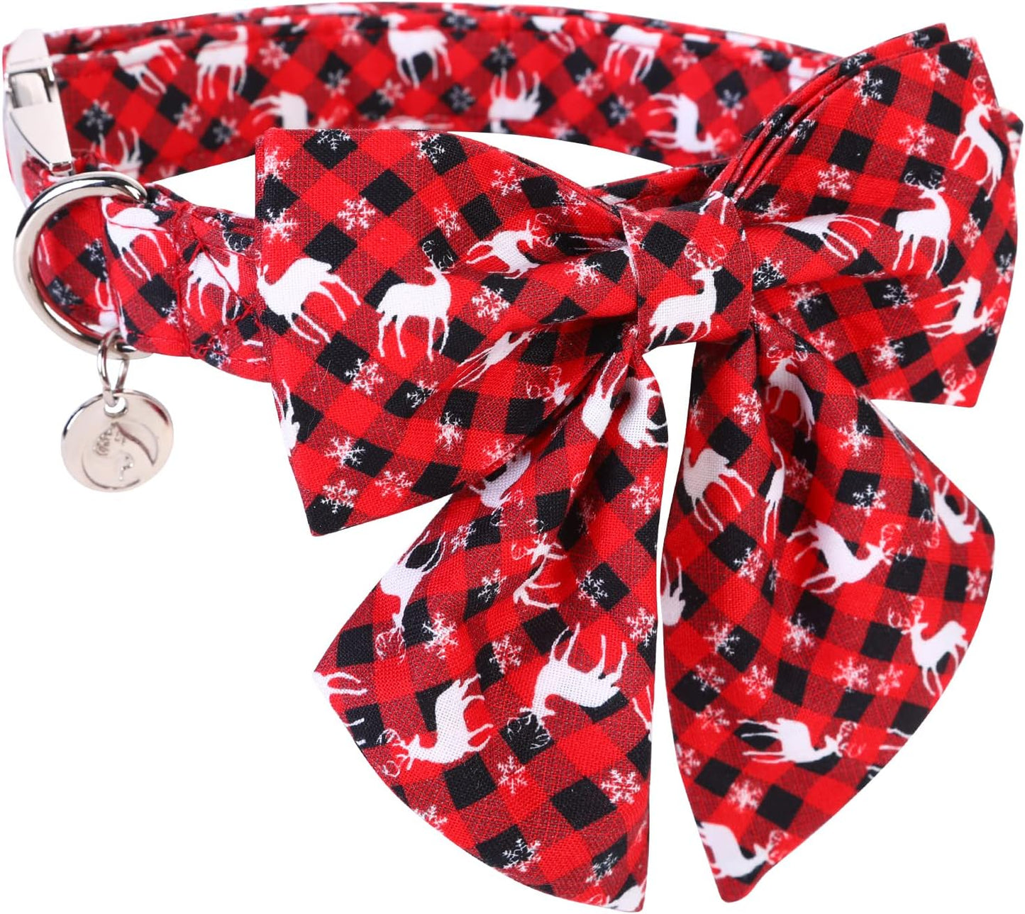 DOGWONG Christmas Dog Collar with Sailor Bow, Red Plaid Deer Dog Collar Soft Durable Adjustable Cotton Puppy Collar for Small Medium Large Dog