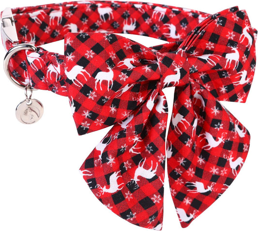 DOGWONG Christmas Dog Collar with Sailor Bow, Red Plaid Deer Dog Collar Soft Durable Adjustable Cotton Puppy Collar for Small Medium Large Dog