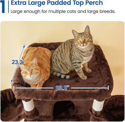 MWPO Extra Large Cat Tree, 77.6-Inch Tall Cat Tower for Indoor Cats with 2 Condos, Multi-Level Cat Stand for Large Cats, 3 Hammocks, Wide Perch, Scratching Posts, Dangling Toys, Brown