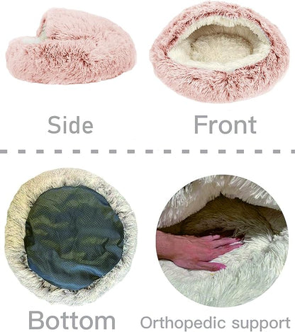 ShinHye Cozy Cat Bed - Round Plush Fluffy Hooded Cave, Indoor/Outdoor, Waterproof & Washable, Calming Anti-Anxiety Design - 23x23inch, Pink