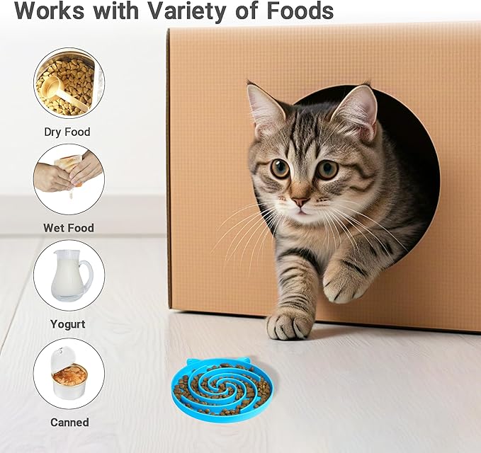 Slow Feeder Cat Bowl, Easy to Clean Silicone Bowl, Ideal for Dry and Wet Food (Yellow and Blue)