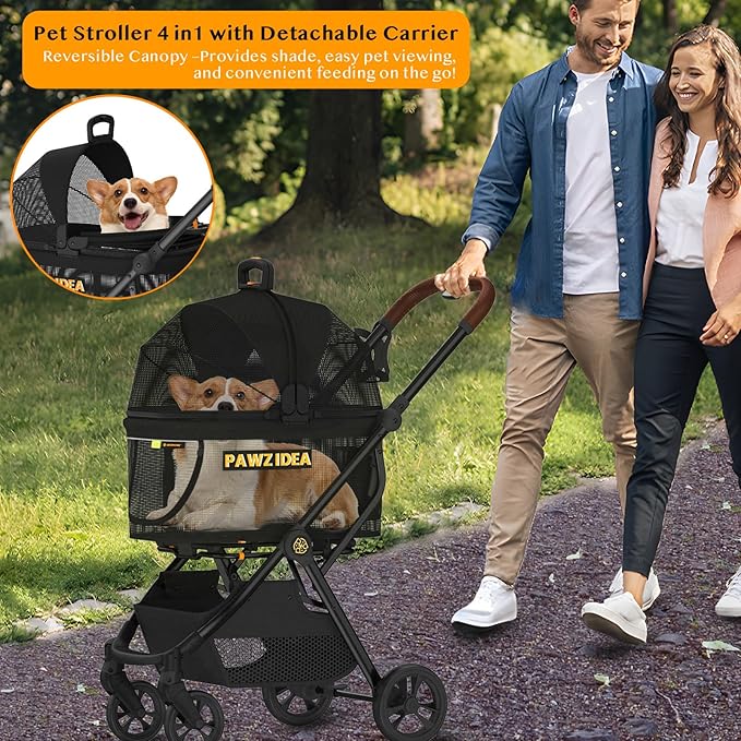 PAWZIDEA Pet Stroller 4 in 1, Cat Strollers with Detachable Carrier No-Zip Canopy, Portable Dog Crate for Car Seat Travel, Foldable & Lightweight Jogger for Small/Medium Dogs and Cats, Storage Basket