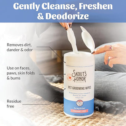 SKOUT'S HONOR Pet Grooming Wipes for Dogs and Cats - Deodorizing, Plant-Based, Biodegradable, Fragrance-Free - for Paws, Faces, Skin Folds & Bums, 80 Count