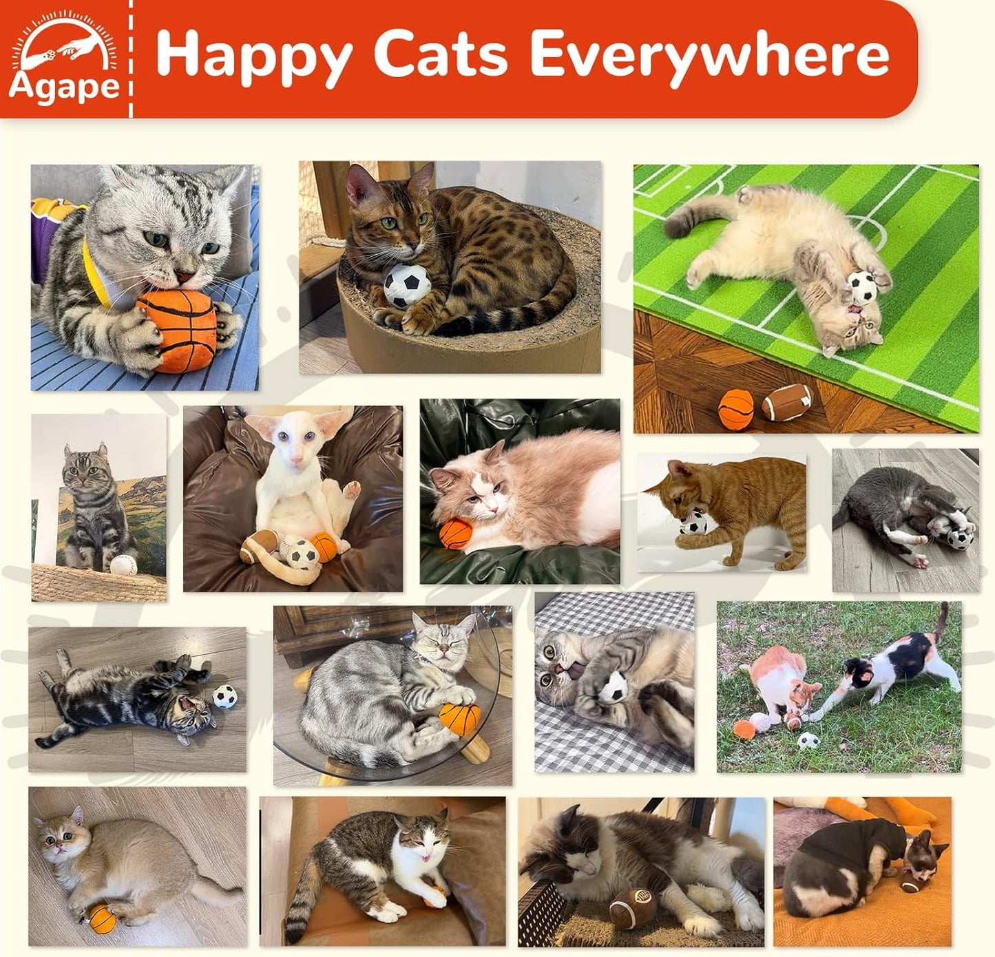 Agape Natural Cat Toys, 100% Catnip & Silvervine Filled, Interactive Chew and Kicker Balls for Indoor Cats, Enrichment and Teeth Cleaning Fun for Bored Cats and Kittens, 4 Pack Crinkle Cat Toys