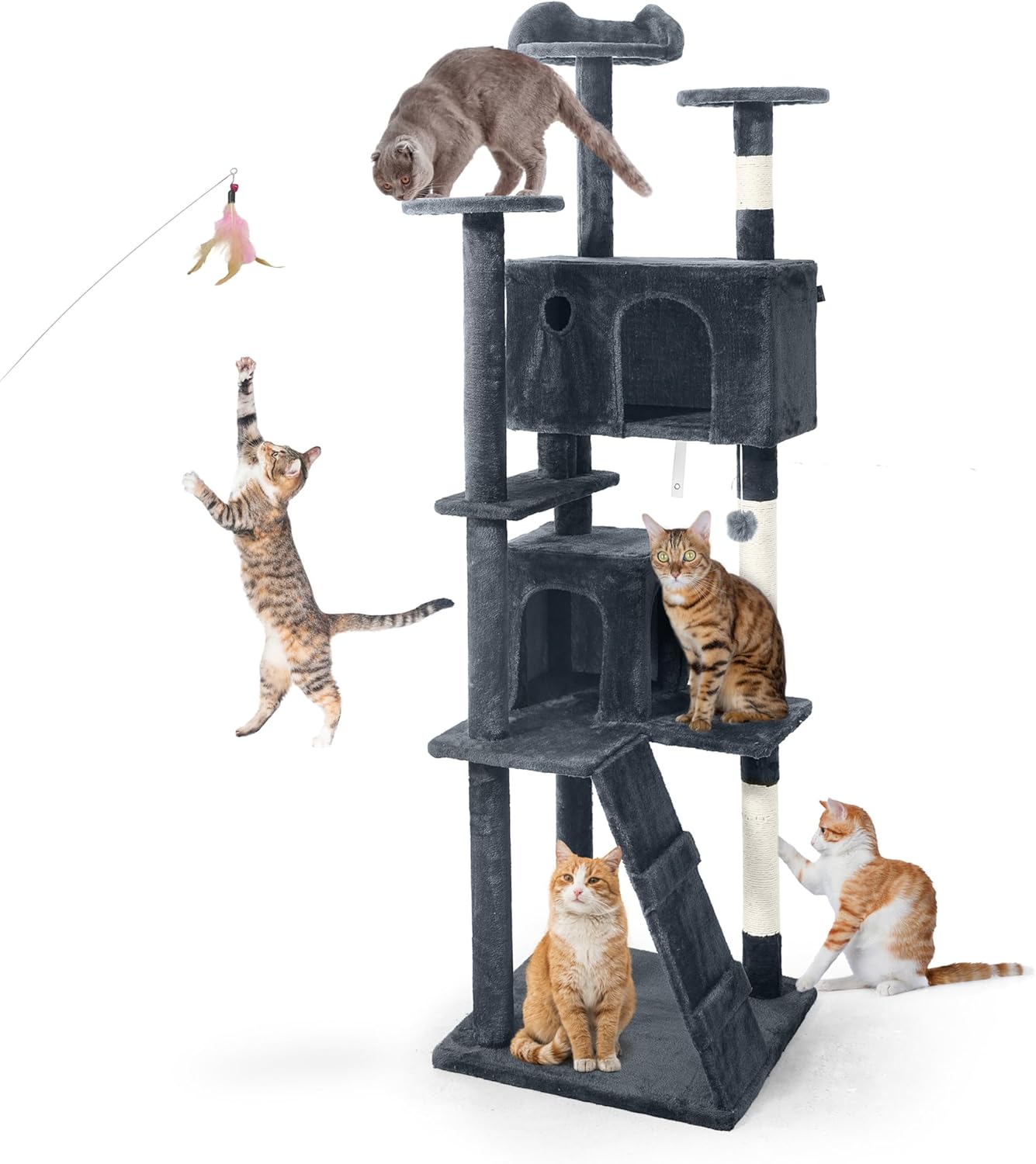 CAPHAUS Cat Tower for Indoor w/Cat Wand Toy, Modern Cute 74-Inch Cat Tree w/Widened Perch for Large Cats Kittens, Multi-Level Cat Activity Tree w/Scratching Posts, Tunnel, Basket, Cat Cave Condo