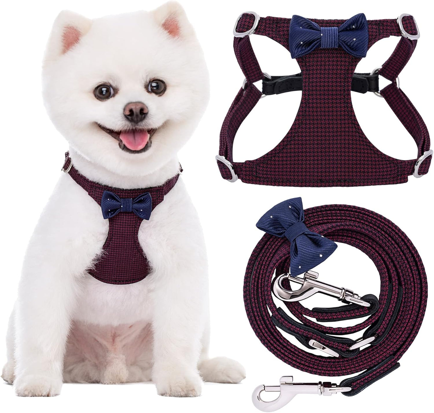 Puppytie No Pull xs Dog Harness with Multifunction Dog Leash,Soft Adjustable No Choke Escape Proof Pet Harness Vest,Plaid deep red,xs