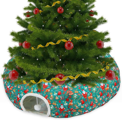 Christmas Cat Tunnel Bed for Indoor Cats Under Christmas Tree Skirt Tube with Hanging Ball Plush Cat Cave, Washable Holiday Pet Gift Toy & Gift for Kittens(Santa)
