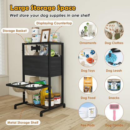 Elevated Dog Bowls, Height Adjustable Raised Dog Bowl Stand (3.5'' to 11''), Multifunctional Lifted Bowl Holder with Pet Food Organizer for Large Medium Small Dogs, Black