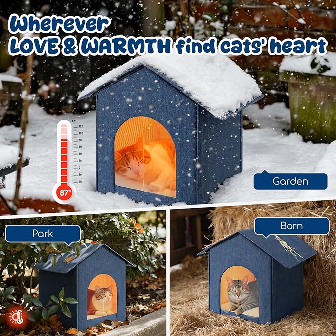 Insulated Outdoor Cat House Weatherproof, Winter Cat Houses for Outdoor Cats with Heated-Foil, Waterproof Feral Stray Cat Shelter with Warm Mat and Door Curtain, Easy to Assemble, Navy Blue