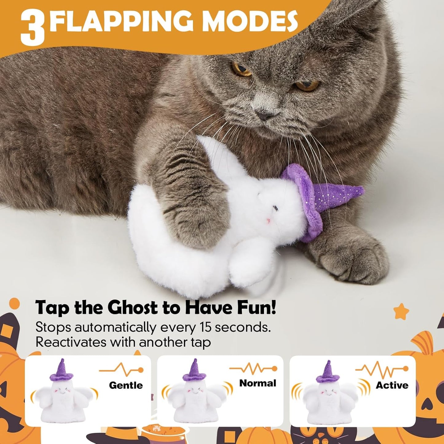Halloween Catnip Toys, Flapping Ghost Catnip Toy, Interactive Kitten Exercise Toys for All Cat Breeds Play Alone, Never Boredom