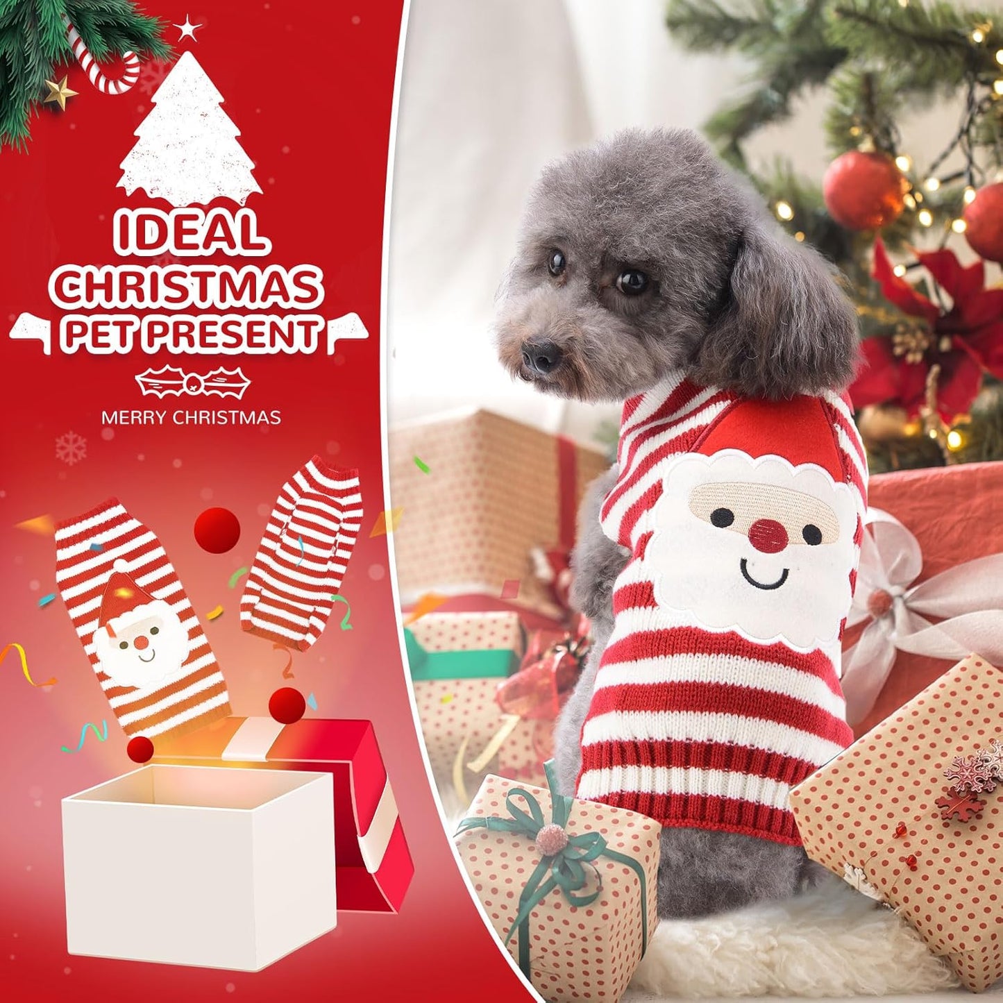 PETCARE Santa Dog Sweater Christmas Funny Cute Red Striped Cat Sweater Vest Pet Holiday Dog Clothes Puppy Sweaters for Small Medium Large Dogs Cats Fall Winter Outfits Xmas Dogs Costume,Large
