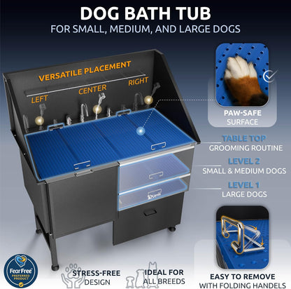 KANIS Black Line Professional Dog Washing Station - 304 Stainless Steel Pet Wash Sink & Grooming Bathtub w/Shower, Floor Grates and Storage for Large, Medium & Small Pets (50", 1 Drawer - Left Ramp)