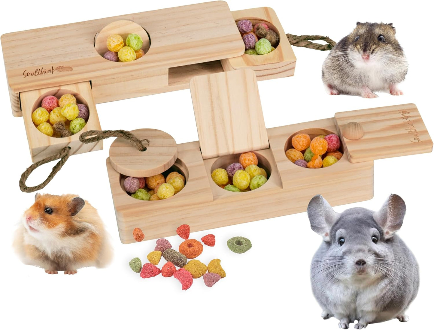 SoulThink® Interactive Guinea Pig Toys - Wooden Rat Toys for Pet Rats, Enrichment & Foraging Activity for Hamster Sniff n' Snack Puzzle for All Small Rodents (2 Sets)