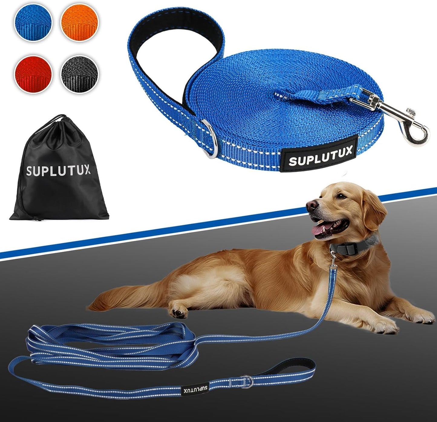 Reflective Dog Leash–10FT/16FT/30FT/50FT/100FT Durable Nylon Training Leash with Heavy-Duty Metal Clasp, High Visibility for Night Walking, Perfect for Small, Large Dogs (Blue, 16FT)