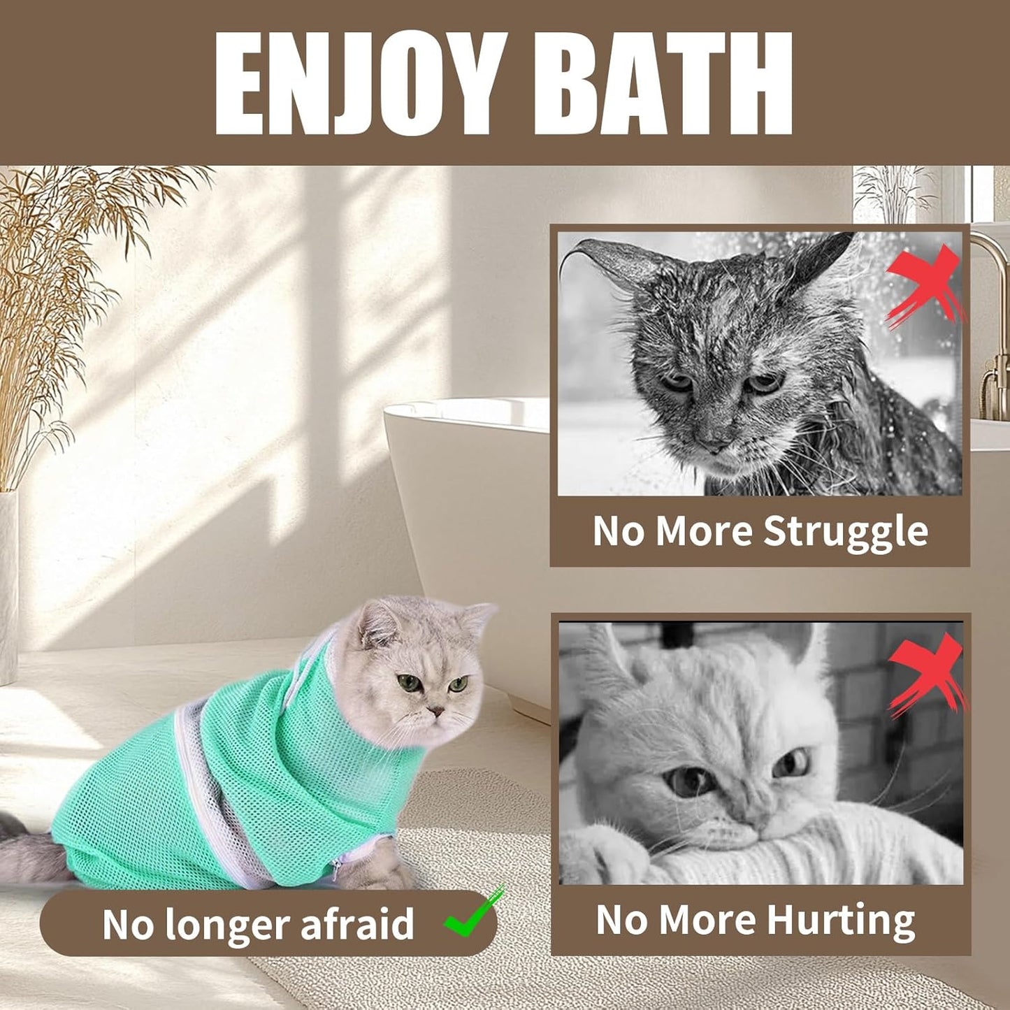 Cat Shower Bag with Removable Hood - Green Mesh Cat Bathing Bag for Stress-Free Bath, Nail Clipping & Grooming, Comfortable Cat Washing Bag