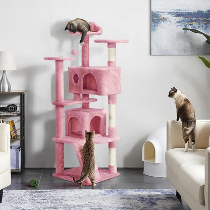 Yaheetech 62in Cat Tree Tower for Indoor Cats, Kitten Furniture with Double Condo, Scratching Posts, Multiple Platforms and Balls for Kitty, Pink