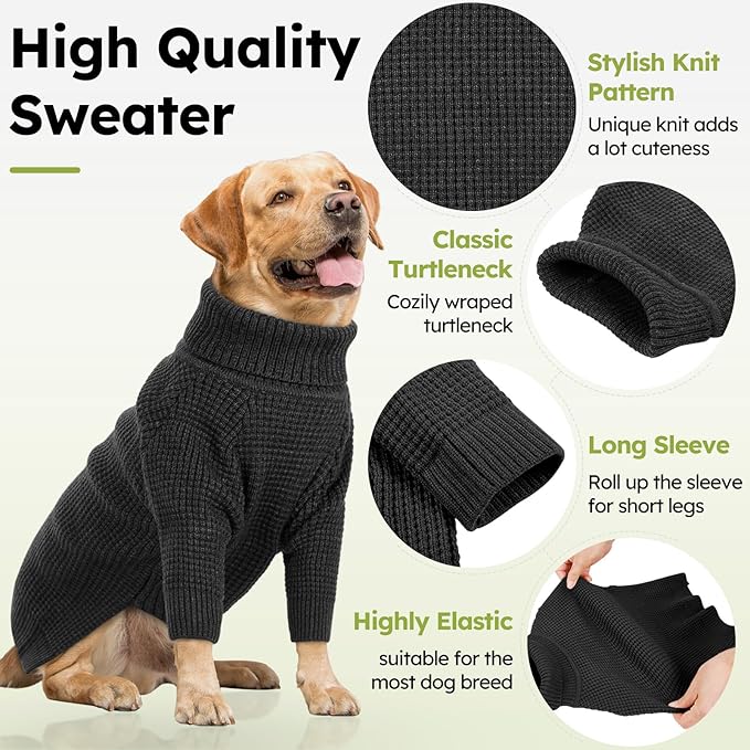 Queenmore Turtleneck Long Sleeve Knitted Sweater with Check Pattern, Fall Winter Warm Sweaters for Small Medium Large Dogs and Cats, Solid Pull-on Pet Sweater, Charcoal Gray M