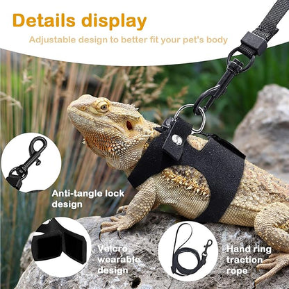 Bearded Dragon Leash and Harness Set - 3-Size Adjustable Soft Leather Vest for Training & Walking, Easy-On-and-Off Design (Black, 2M)