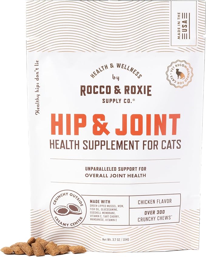 Rocco & Roxie Senior Cat Hip & Joint Supplements - Chicken Flavored Glucosamine Joint Supplement for Cats, Cat Arthritis Pain Relief, with Green Lipped Mussel, Made in USA, Over 300 Crunchy Chews