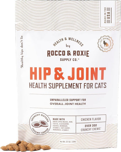 Rocco & Roxie Senior Cat Hip & Joint Supplements - Chicken Flavored Glucosamine Joint Supplement for Cats, Cat Arthritis Pain Relief, with Green Lipped Mussel, Made in USA, Over 300 Crunchy Chews
