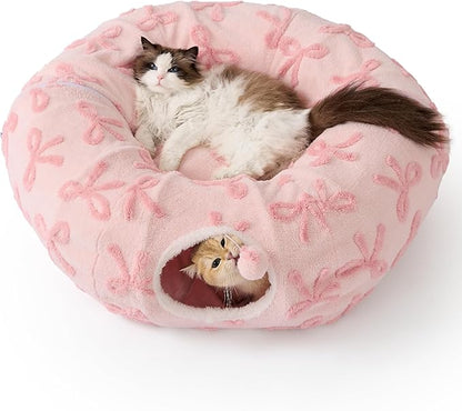 Lesure Cat Tunnel Bed for Indoor Cats - Cute Cat Donut Tunnel Toys with Washable Circle Cushion, Round Pet Peekaboo Cave Toy for Kitten/Puppy/Rabbit, Standard Pink Taffy
