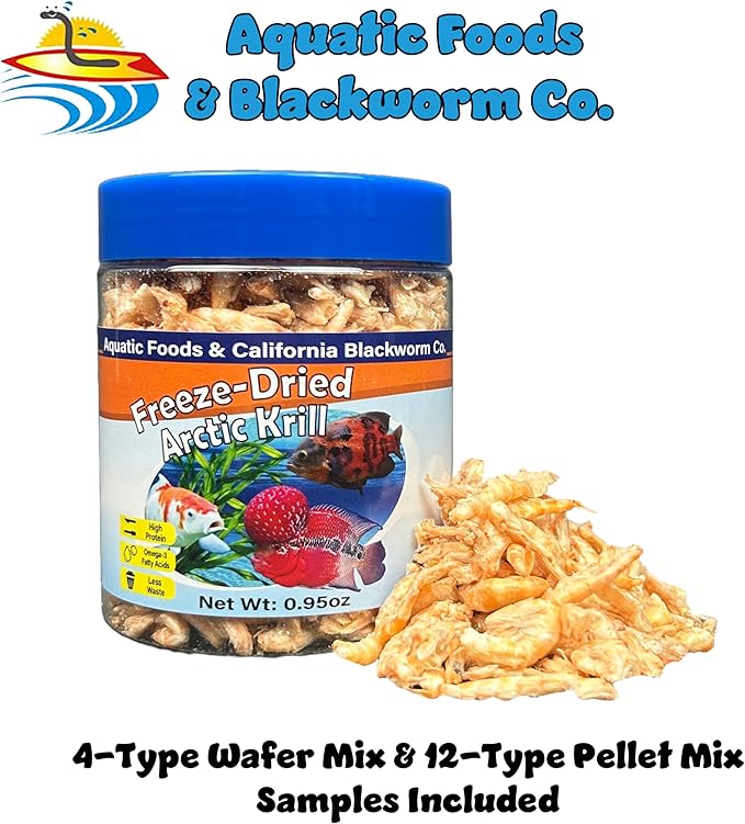 Aquatic Foods Inc. Arctic Krill, Freeze Dried Krill, High in Natural Color Enhancing for Large Cichlids, Tropical Fish, Koi, Turtles, 12-Type Pellet Mix & 4-Type Wafer Mix Included 0.95oz Canister