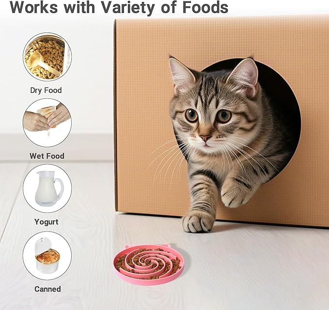 Slow Feeder Cat Bowl, Easy to Clean Silicone Bowl, Ideal for Dry and Wet Food (Purple and Pink)