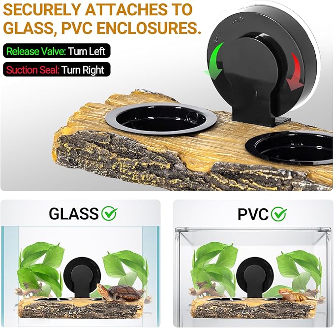 2 in 1 Reptile Feeding Ledge & Turtle Basking Platform, Resin Suction Cup Feeder with 4PCS Cups, Terrarium Water Bowl Food Dish - Tank Accessories for Crested Gecko Lizards & Aquatic Turtles