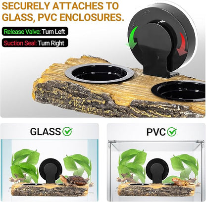 2 in 1 Reptile Feeding Ledge & Turtle Basking Platform, Resin Suction Cup Feeder with 4PCS Cups, Terrarium Water Bowl Food Dish - Tank Accessories for Crested Gecko Lizards & Aquatic Turtles