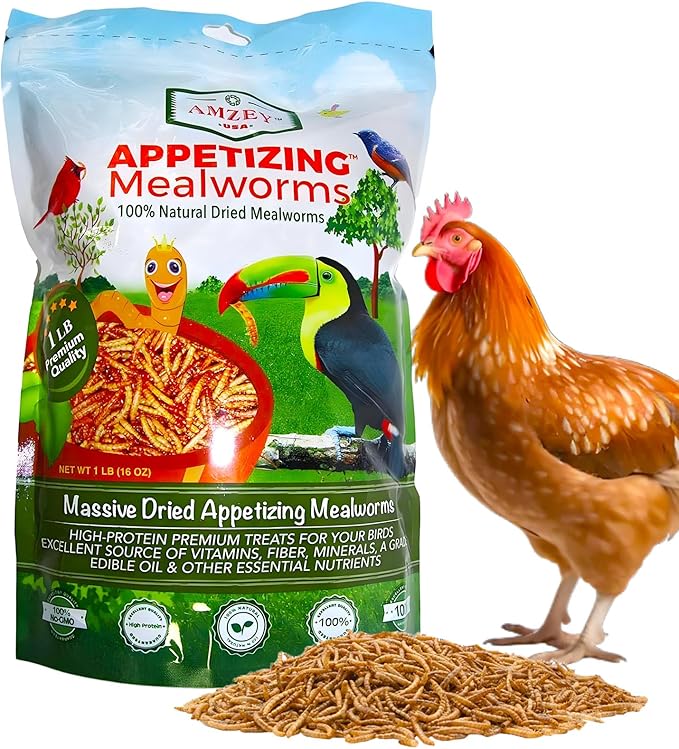 Amzey Dried Mealworms 1 LB, 100% Natural Meal Worms for Chicken & Birds, Organic Chicken Feed for Laying Hens, High Protein and Nutrition, Zipped Bag