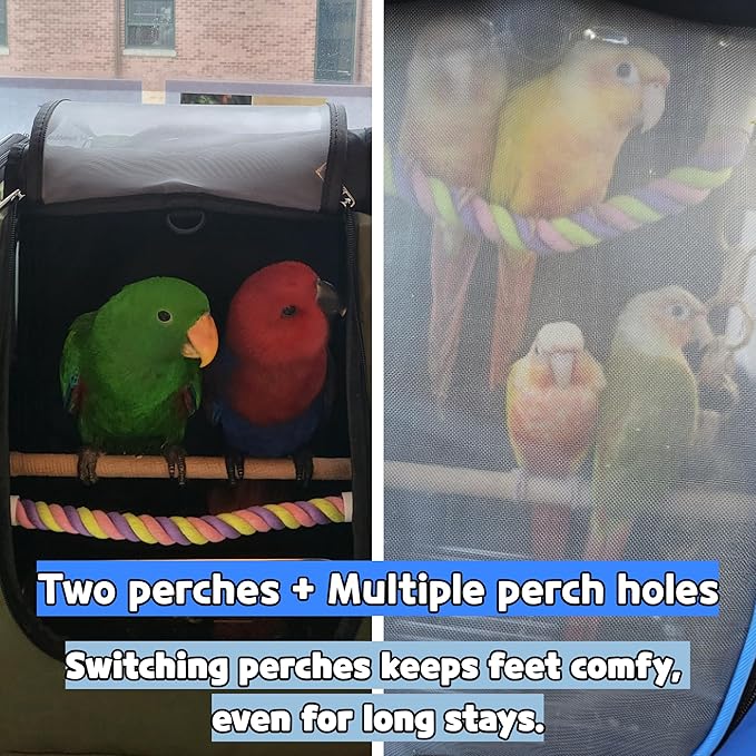 Birds Day Bird Carrier Backpack-Parrot Travel Cage with 2PCS Perch and Food Bowl, Stainless Steel Tray (Sky Blue)