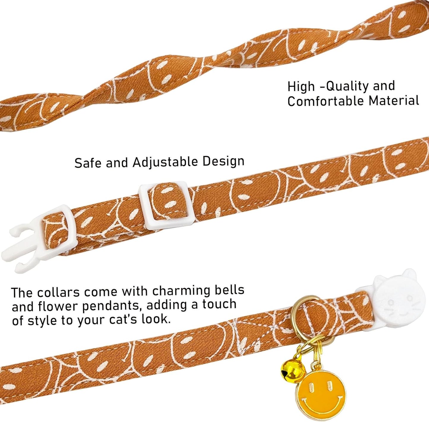 2 Pack Cotton Breakaway Cat Collars Set with Bell and Flower Pendant, Cute Floral Fruit Patterned, Adjustable 7.5-11Inch, Include A Mouse Toy Gift (Smile face)