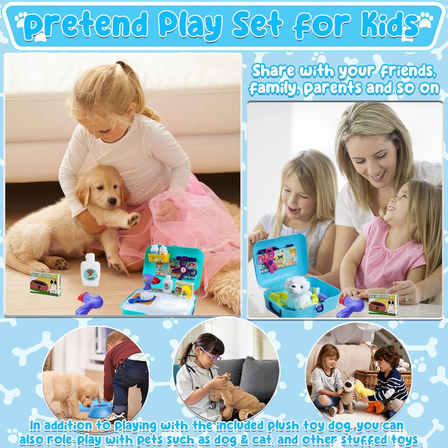 TEUVO Pet Care Playset, 16Pcs Kids Doctor Kit with Plush Dog & Backpack for Dog Grooming & Feeding, Pet Doctor Pretend Play Toys for 3 4 5 6 7 Years Old Girls Boys Birthday
