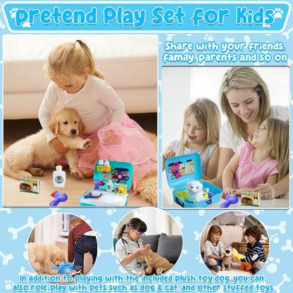 TEUVO Pet Care Playset, 16Pcs Kids Doctor Kit with Plush Dog & Backpack for Dog Grooming & Feeding, Pet Doctor Pretend Play Toys for 3 4 5 6 7 Years Old Girls Boys Birthday