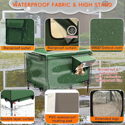 4-in-1 Heated Cat House for Outside with Heating Pad, Scratching Bed and Elevated Bed, Waterproof Windproof TPU Rain Cover, Large Cat Winter House Outdoor