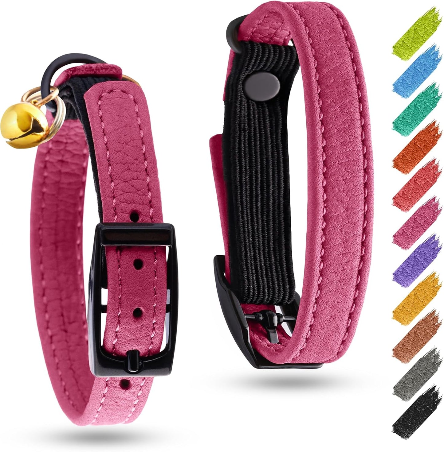 Leather Cat Collar with Bell and Safety Elastic Strap Breakaway Alternative for Small & Large Kittens, Stylish Pet Leather Collar for Boy, Girl Cats with Metal Buckle & QR ID Tag (Pink)